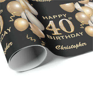 40. Geburtstag Schwarz und Gold Glitzer Ballons Geschenkpapier