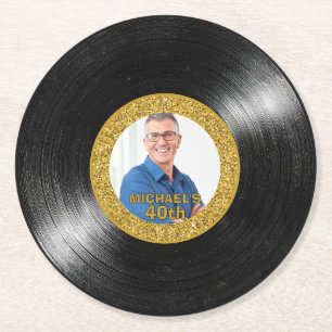 40. Geburtstag Schwarz und Gold Vinyl-Schallplatte Runder Pappuntersetzer