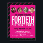40. Geburtstag Schwarz-weiße rosa Foto-Kreise Einladung<br><div class="desc">Kühne einfache Grafik Hot Roink, Schwarz und Weiß Unisex Foto Vorlage 40. Geburtstag Einladung. Personalisieren Sie diese Meilenstein-Geburtstagseinladung mit Ihren eigenen Geburtstagsfeierdetails und vier verschiedenen Fotos je ein Jahr Ihres Geburtstagsgeschenkes im Foto. Andere Jahre Farben und passende Artikel sind verfügbar. © Original Design von Sarah Trett für www.mylittleeden.com auf Zazzle....</div>