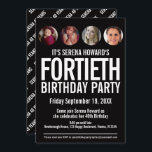 40. Geburtstag Schwarz-weißes Foto Einladung<br><div class="desc">Kühne einfache Grafik Schwarz-Weiß Unisex Foto Vorlage 40. Geburtstagseinladung. Personalisieren Sie diese Meilenstein-Geburtstagseinladung mit Ihren eigenen Geburtstagsfeierdetails,  und vier verschiedene Fotos je ein Jahrzehnt Ihres Geburtstagsjungen oder -mädchens im Foto. Andere Jahre Farben und passende Artikel sind verfügbar. © Original Design von Sarah Trett für www.mylittleeden.com auf Zazzle.</div>