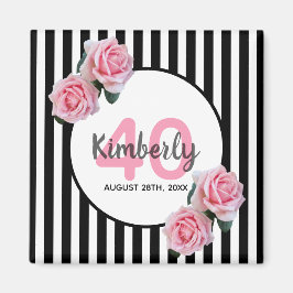 40. Geburtstag schwarze Streifen rosa Blumen Klass Magnet