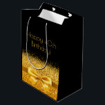 40. Geburtstag schwarzer goldener Bogenfunkel Mittlere Geschenktüte<br><div class="desc">Elegante,  klassische,  glamouröse und feminine Party Geschenktasche für 40-jährige. Ein goldfarbenes Band und Bogen mit goldenem Glitzer und goldenem Imitat,  ein bisschen Bling und Luxus zum Geburtstag. Schwarzer Hintergrund. Goldener Text: Herzlichen Glückwunsch zum 40. Geburtstag!</div>