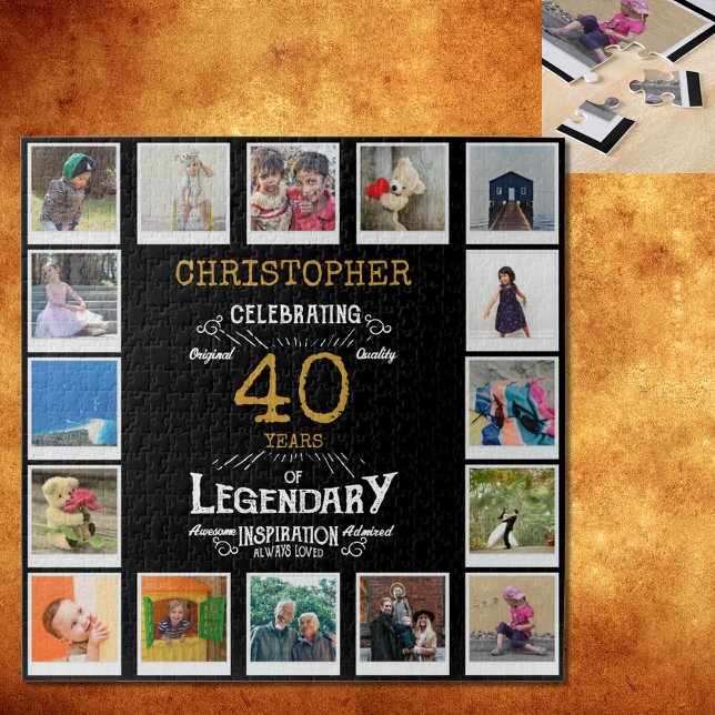 40. Geburtstag Schwarzes Gold FotoCollage Puzzle (A personalized elegant 40th birthday vintage puzzle that is easy to customize but hard to complete)