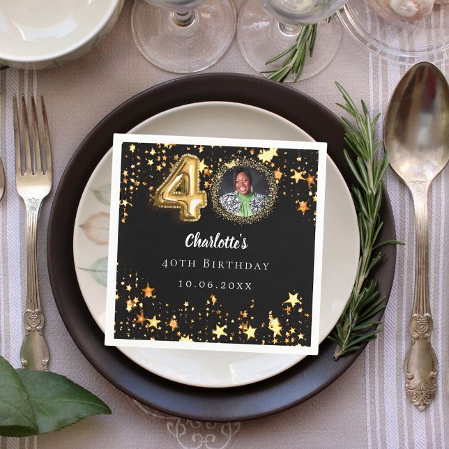 40. Geburtstag Schwarzes Gold Sterne Foto Serviette (Von Creator hochgeladen)