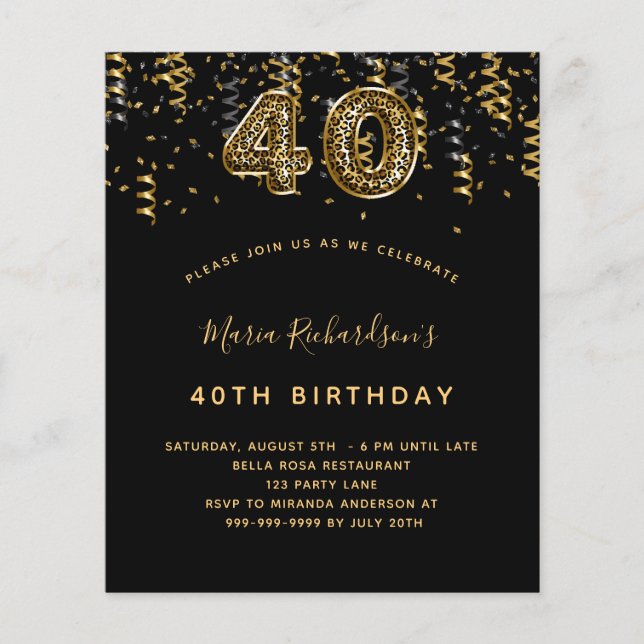 40. Geburtstag schwarzes Goldleopard-Party (Vorderseite)