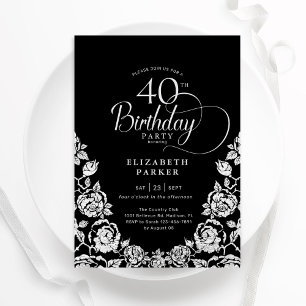 40. Geburtstag Schwarzes Silber Rose Einladung