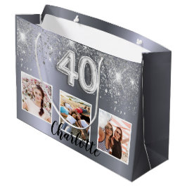 40. Geburtstag Silber Glitzer Foto Monogramm Große Geschenktüte