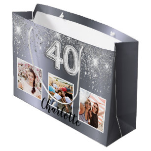 40. Geburtstag Silber Glitzer Foto Monogramm Große Geschenktüte