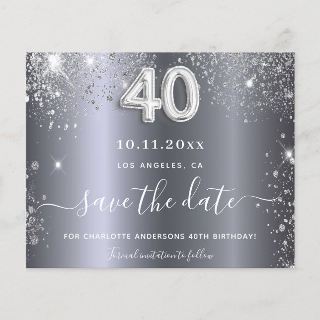 40. Geburtstag Silber Glitzer Save the Date Karte (Vorderseite)