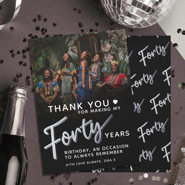 40. Geburtstag Silber Schwarz Vierzig Schrift Text Dankeskarte (Von Creator hochgeladen)