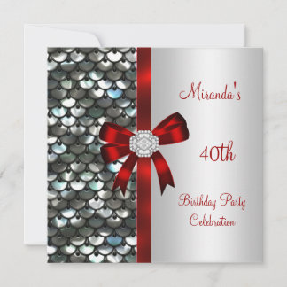 40. Geburtstag Silver Sequins Red Diamond Bow Einladung