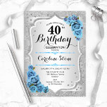40. Geburtstag - Silver Stripes Icy Blue Rose Einladung<br><div class="desc">40. Geburtstag Einladung. Elegantes Blumendesign in Silber und Eisblau. Imitate Glitzer silberne Streifen,  türkisfarbene Rose stilvolle Skript-Schriftart und Konfetti. Ideal für eine gläserne Geburtstagsfeier.</div>