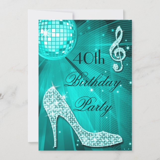 40. Geburtstag Sparkle Heels und Aquamariner Disko Einladung (Vorderseite)