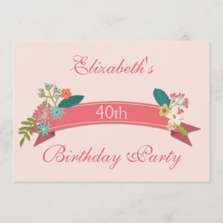 40. Geburtstag Vintagen Blume Rosa Banner Einladung