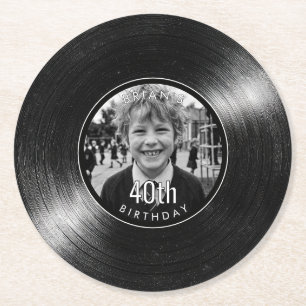 40. Geburtstag Vinyl-Look Schwarze Papier-Unterlag Runder Pappuntersetzer