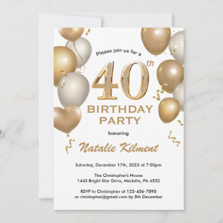 40. Geburtstag Weißer Glitzer und Goldballons Einladung