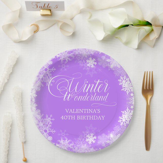 40. Geburtstag Winterwonderland Schneeflocke Lila Pappteller (Hochzeit)