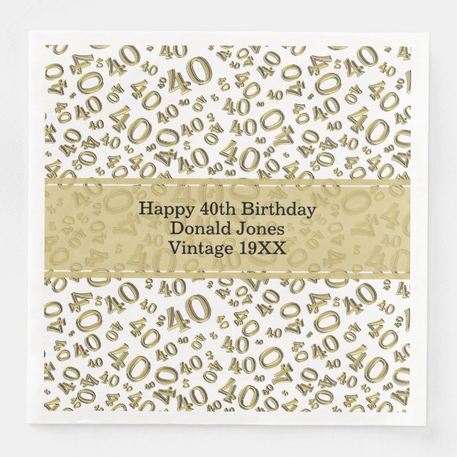 40. Geburtstag Zahlenmuster Gold/Weiß Serviette (Vorderseite)