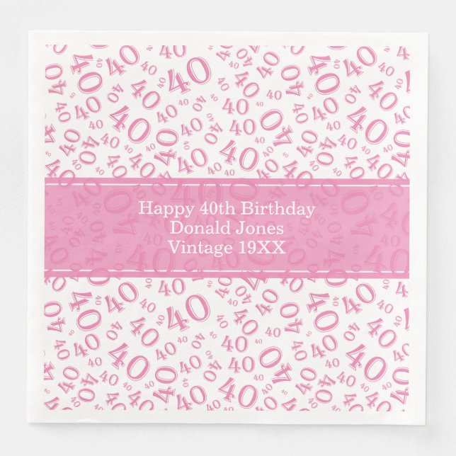 40. Geburtstag Zahlenmuster Rosa/Weiß Serviette (Vorderseite)