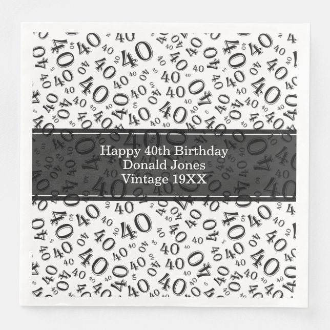 40. Geburtstag Zahlenmuster Schwarz/Weiß Serviette (Vorderseite)