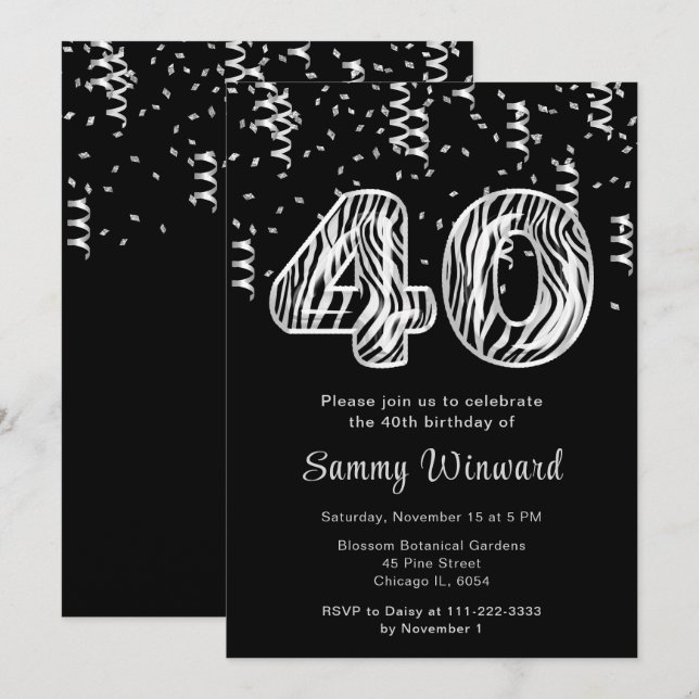 40. Geburtstag Zebra Print Balloons mit Confetti Einladung (Vorne/Hinten)