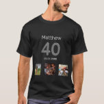 40. Geburtstags benutzerdefiniertes Foto Monogramm T-Shirt<br><div class="desc">Für einen 40. Geburtstag als Geschenk oder für das Party. Eine Collage von 3 Fotos von Freunden,  Familie,  Interesse oder Haustieren. Personalisieren und fügen Sie seinen Namen,  Alter 40 und ein Datum. Geburtsdatum oder Geburtsdatum der Geburtstagsparty. Grauer und weißer Text.</div>