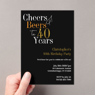 40. Geburtstags Cheers und Beers Party Schwarz Gol Acryleinladungen