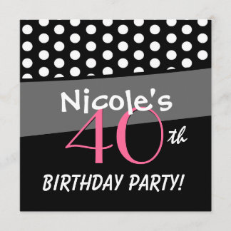 40. Geburtstags-Schwarz-weiße rosa Polka-Punkte Einladung