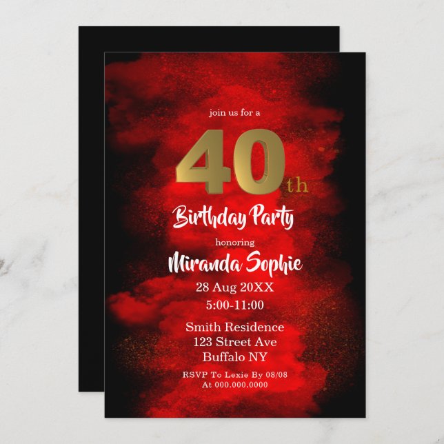 40. Geburtstagseinladungen in Schwarz und Rot (Vorne/Hinten)