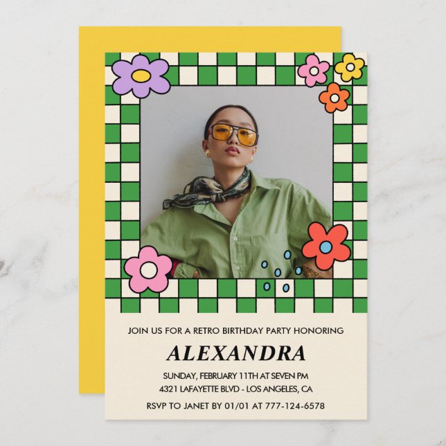 40. Geburtstagseinladungen Retro Groovy Blume Einladung (Vorne/Hinten)