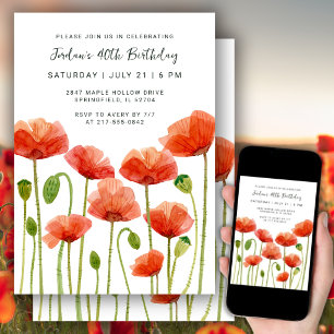 40. Geburtstagsfeier Aquarell Blumen Mohnblumen Einladung