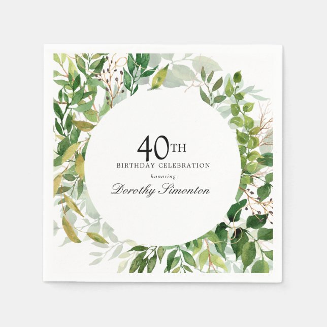 40. Geburtstagsfeier Modernes grünes Botanisches Serviette (Vorderseite)