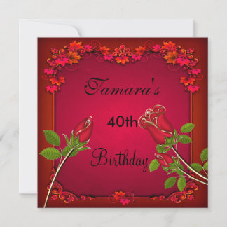 40. Geburtstagsfeier Rote Rose Floral Elegant einl Einladung