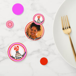 40. Geburtstagskuchen auf Foto Pink Red White Konfetti