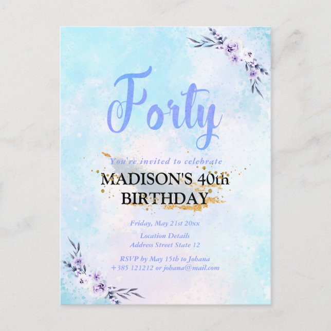 40 Geburtstagsparty Wasserfarbenpastel Postkarte (Vorderseite)