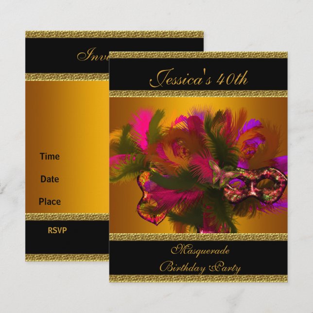40. Gold Black Elegant Klassische Masquerade Maske Einladung (Vorne/Hinten)