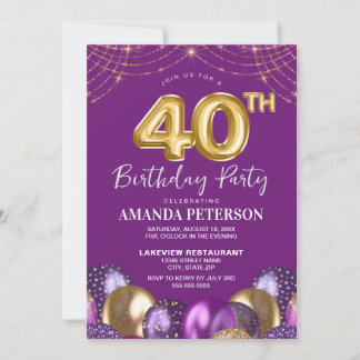40 Gold Lila Balloons 40. Geburtstag Party Einladung