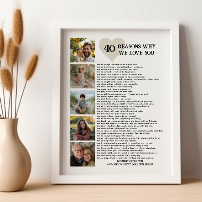 40 Gründe, warum wir Sie zum 40. Geburtstag Foto L Poster (Sentimental printable photo poster for 40th birthday, father's day or other special )