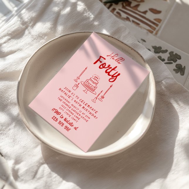 40. Hand gezeichnet Rosa Roter Kuchen Hallo 40 Geb Einladung (Von Creator hochgeladen)