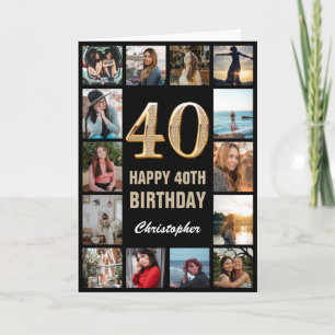 40. Happy Birthday Black and Gold Foto Collage Karte
