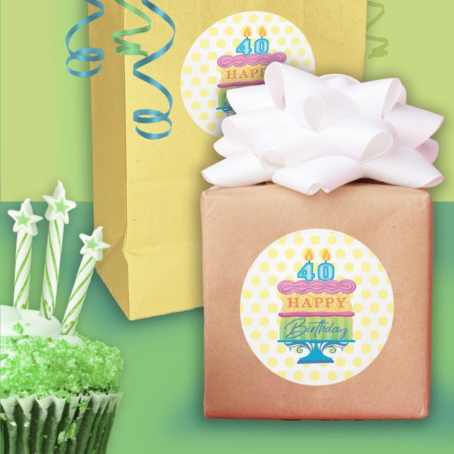 40. Happy Birthday Cake Gelb Punkte Runder Aufkleber (Von Creator hochgeladen)