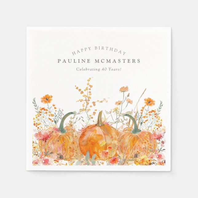 40. Happy Birthday Pumpkin Wildblume Custom Serviette (Vorderseite)