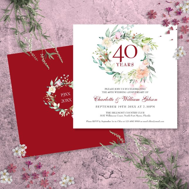 40. Hochzeit Jahrestag Ruby Rose Blumenkohl Einladung (40th Wedding Anniversary Ruby Roses Floral Invitation)