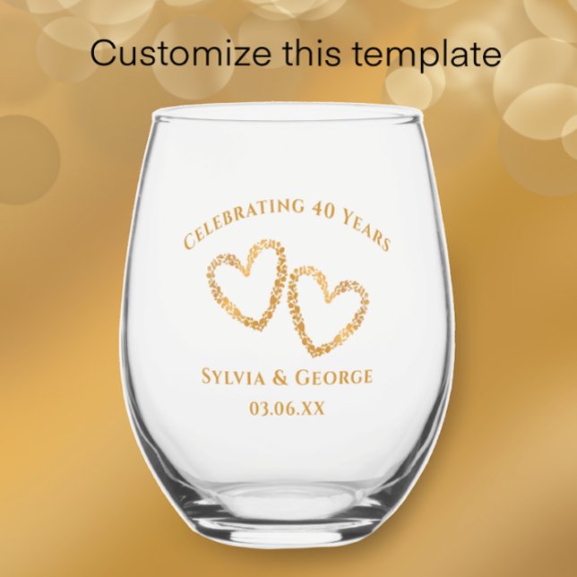 40. Hochzeit Personalisiert Weinglas Ohne Stiel (Add couple’s names and anniversary date for a beautiful keepsake 40th anniversary glass gift. )