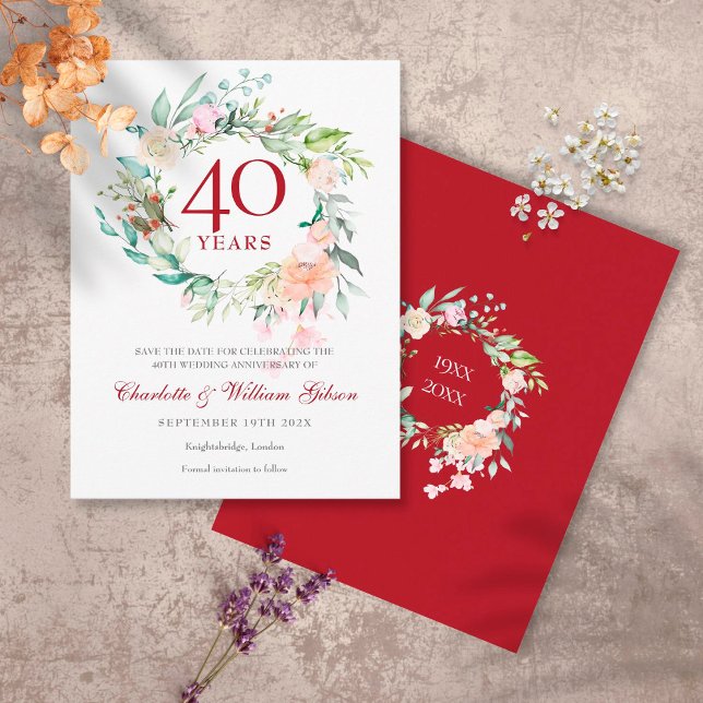 40. Hochzeit Ruby Jubiläum Save the Date Blumenges Ankündigungspostkarte (Von Creator hochgeladen)
