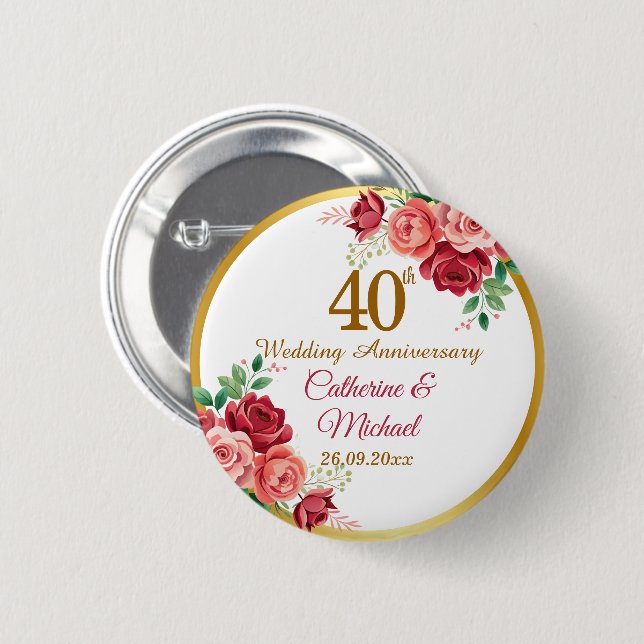 40. Hochzeitsjubiläum Goldrahmen Blumen Button (Vorne & Hinten)