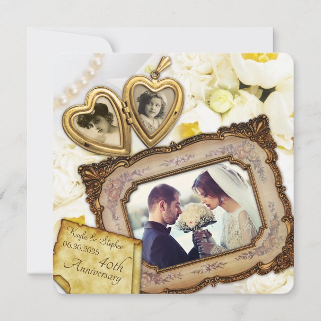 40. Hochzeitstag - Goldener Herzklecksrahmen Einladung (Vorderseite)