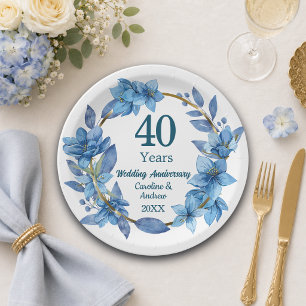 40. Hochzeitstag mit blauem Blumendesign Ruby Pappteller