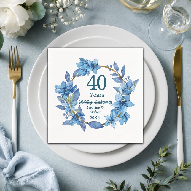 40. Hochzeitstag mit blauem Blumendesign Ruby  Serviette (Von Creator hochgeladen)