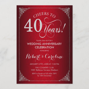 40. Hochzeitstag - Red Silver Damask Einladung